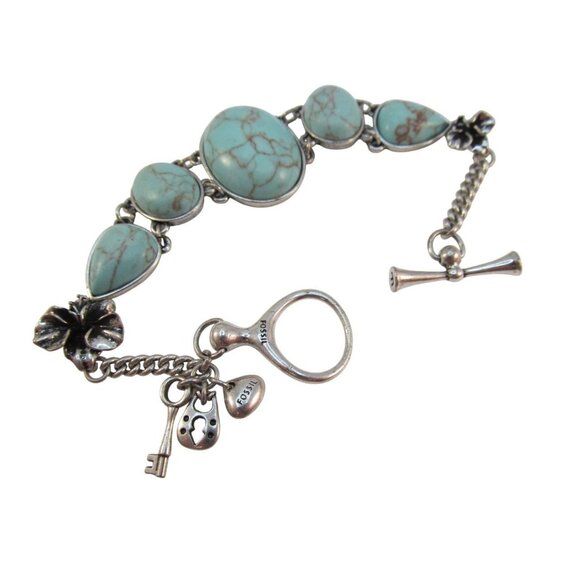 Faux Turquoise Link Bracelet Signed Fossil Size 7.5 - Picture 4 of 8
